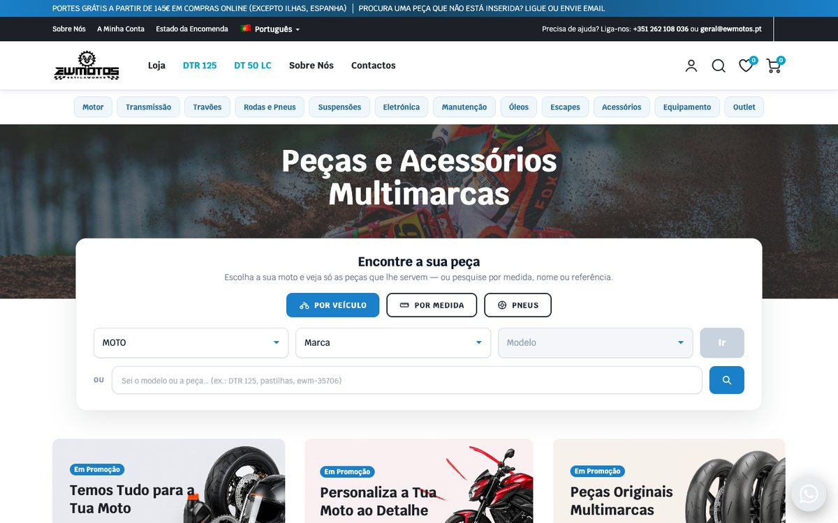 Página inicial da loja online EWMOTOS