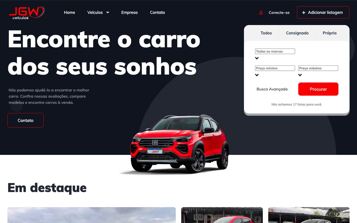 Página inicial do site JGW Veículos